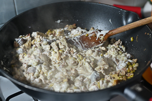Condimento della lasagna bianca: funghi, besciamella, funghi e carne macinata
