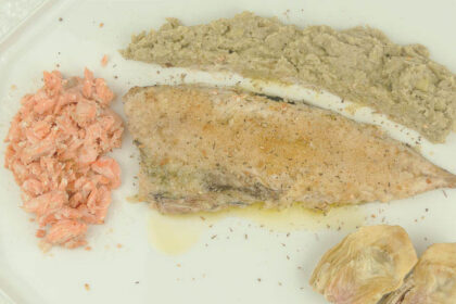filetti di sgombro e salmone con crema di carciofi
